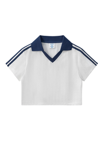 Women’s Cropped Color Block Striped Polo V-Neck  T-Shirt