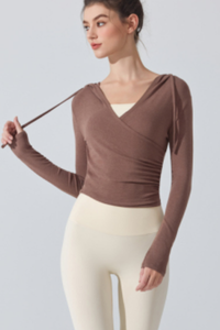 Women's V‑Neck Ruched Cropped Slim Fit Athletic Hoodie