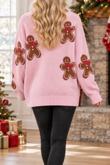 Women's Winter Christmas Pink Gingerbread Man Knit Sweater