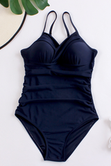 Women's Deep V Ruched High Waist Backless One Piece - Solid