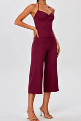 Women's Yoga Sets:Halter Twist Tank Top &Wide Leg Capri Pant