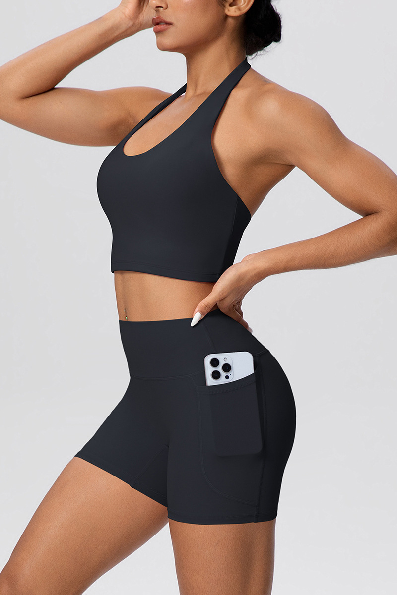 Women's Sport Set:Halterneck Tank Top And Side Pocket Shorts