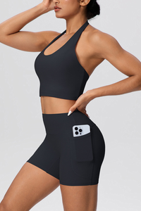 Women's Sport Set:Halterneck Tank Top And Side Pocket Shorts