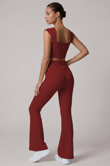 Women's Cropped Top And Pleated Waist Flare Pants Yoga Set