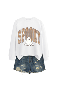 Women's Fall Halloween Plaid Ghost Print Oversize Pullover