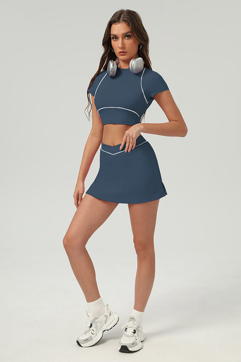 Women Urban Quick-Dry Color-Block Short-Sleeve Tennis Yoga Set With Slimming Skirt