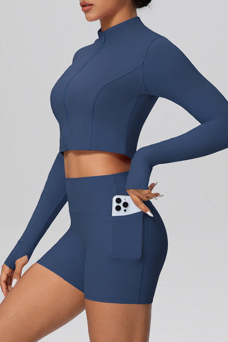 Women's Sport Set:Mock Neck Jacket And Side Pocket Shorts