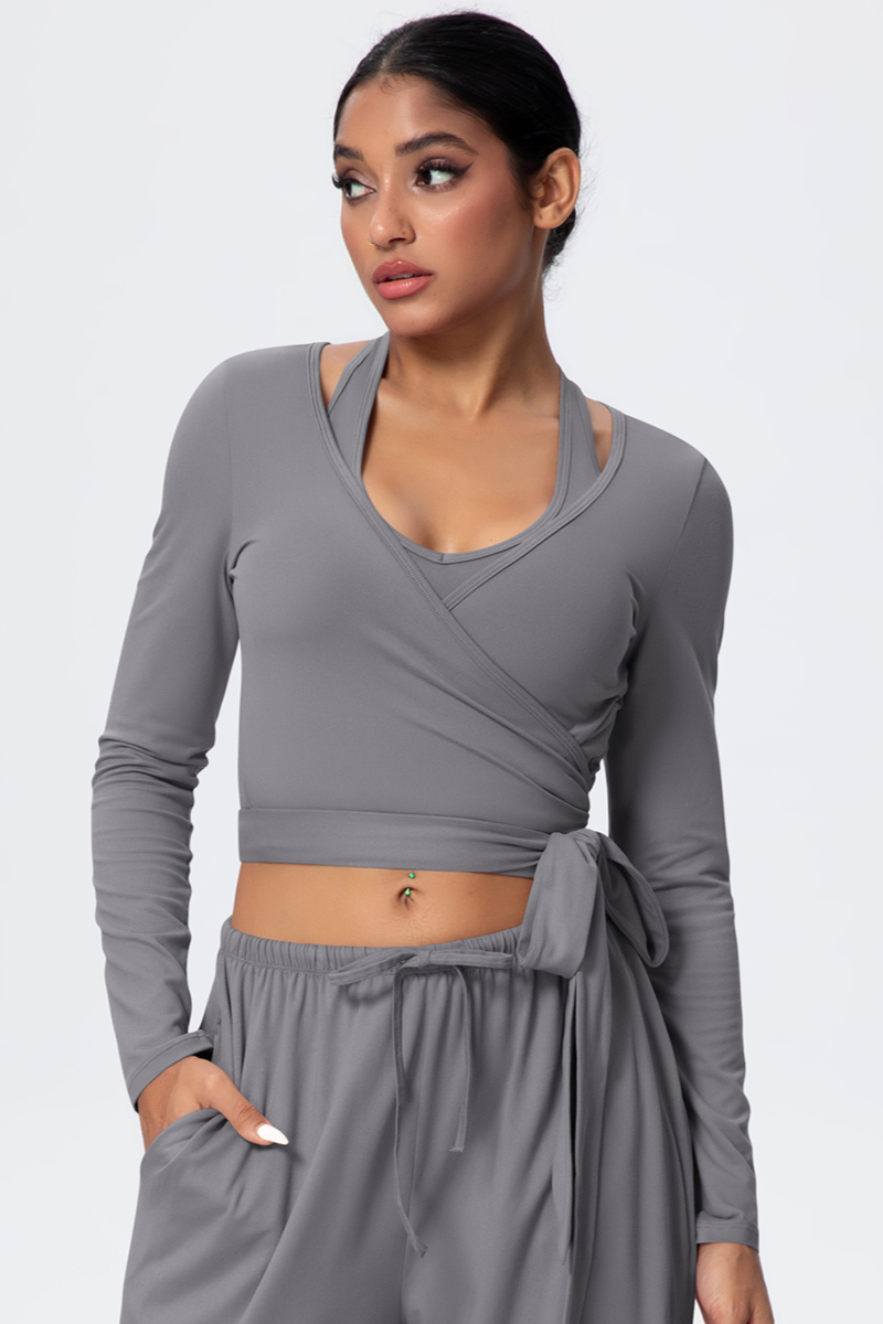 Women’s Criss-Cross Waist Straps Halterneck Long-Sleeve Top