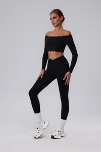 Women's Scalloped Off-Shoulder Long Sleeve Top& Leggings Set