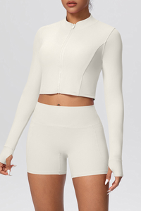 Women's Two Piece Set:Stand Collar Cropped Jacket And Shorts