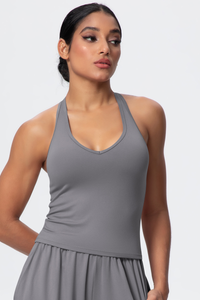 Women’s Brushed-Fabric V-Neck Halter Spaghetti-Strap Open-Back Sports Tank