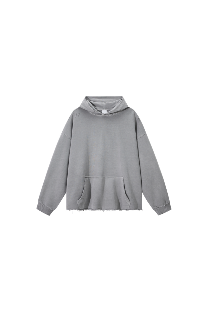 Men's Fall Winter 100% Cotton Washed Frayed Hem Hoodie