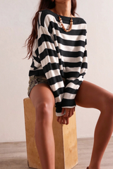 Women's Winter Boat Neck Boho Striped Cropped Knit Sweater
