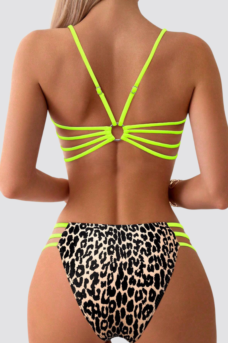 Women's Leopard Y-Back Metal Ring Bikini Set - 2pcs