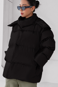 Women's stand-up collar bread-style hooded cotton jacket.