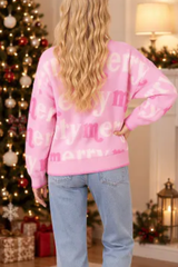 Women's Cute Christmas Crew Neck Sweater Pink Merry Letter