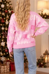 Women's Cute Christmas Crew Neck Sweater Pink Merry Letter