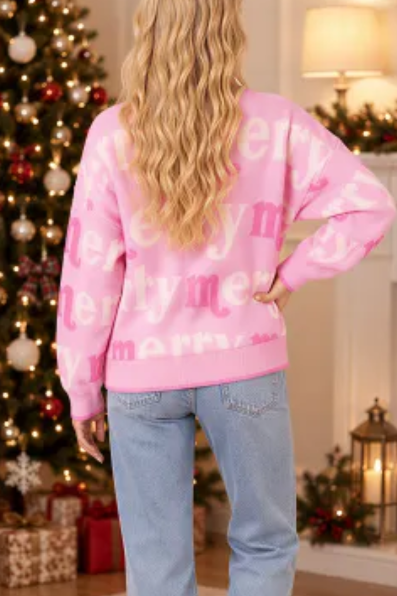 Women's Cute Christmas Crew Neck Sweater Pink Merry Letter
