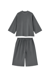 Unisex Waffle Knit Set:Loose Fit T-shirt &Knee Length Shorts