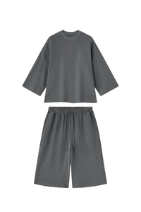 Unisex Waffle Knit Set:Loose Fit T-shirt &Knee Length Shorts