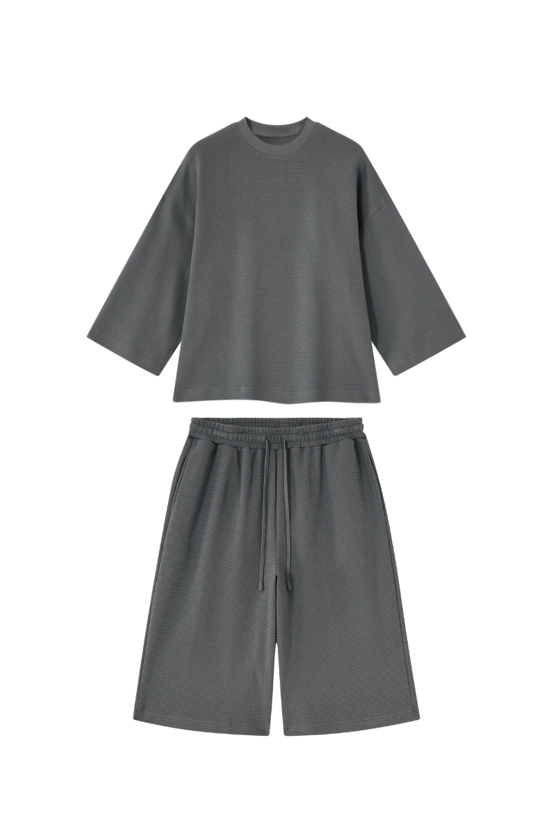 Unisex Waffle Knit Set:Loose Fit T-shirt &Knee Length Shorts