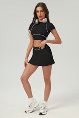 Women Urban Quick-Dry Color-Block Short-Sleeve Tennis Yoga Set With Slimming Skirt
