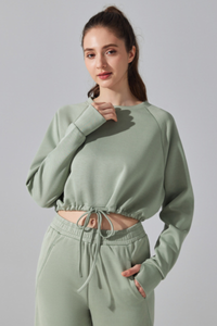 Women's Cropped Drawstring Long Sleeve Athletic Sweatshirt
