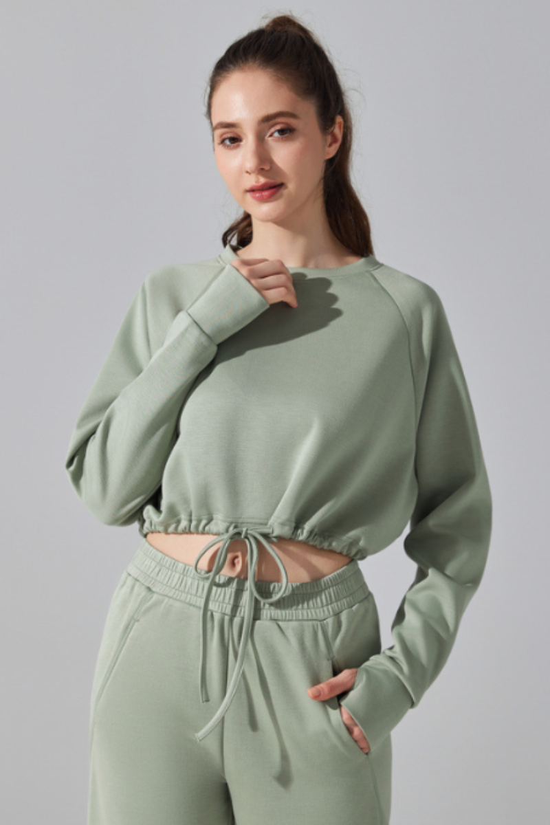 Women's Cropped Drawstring Long Sleeve Athletic Sweatshirt