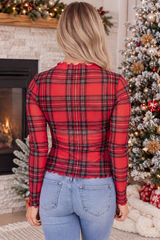 Women's Christmas Red Plaid Sheer Mesh Mock Neck Top