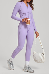 Women's Half-Zip Open Back Jumpsuit with Contoured Seams