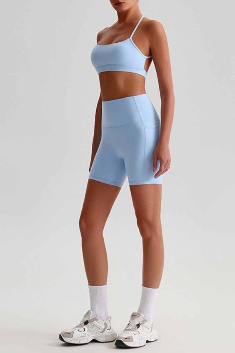 Women's Bare Feel Cross Back Bra & Side Pocket Shorts Set