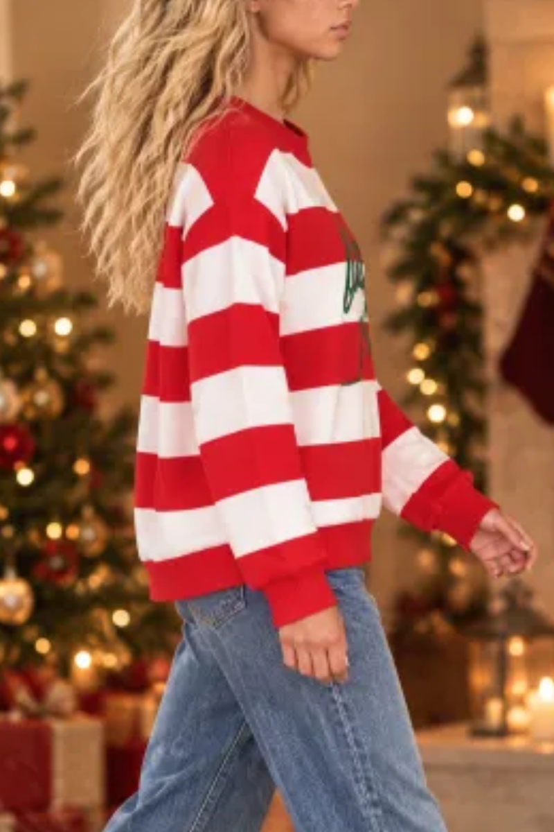 Women's Fall Christmas Embroidery Stripe Sweatshirt