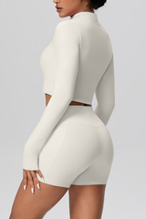 Women's Two Piece Set:Stand Collar Cropped Jacket And Shorts