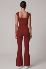 Women's Cropped Top And Pleated Waist Flare Pants Yoga Set