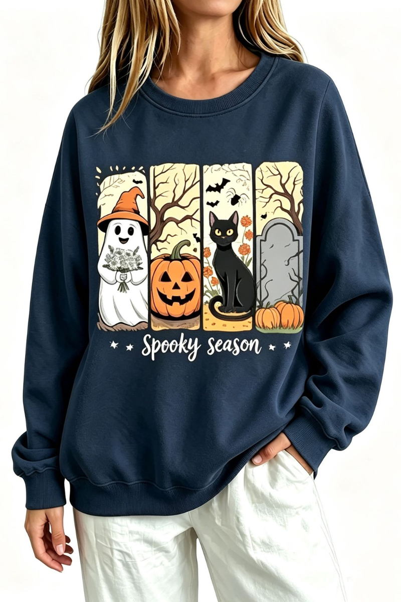Women's Fall Halloween Spooky Print Thin Relaxed Sweatshirt