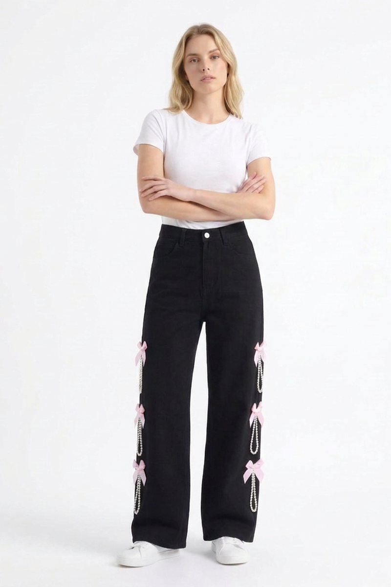 Women's High Waist Bow & Pearl Chain Detail Jeans