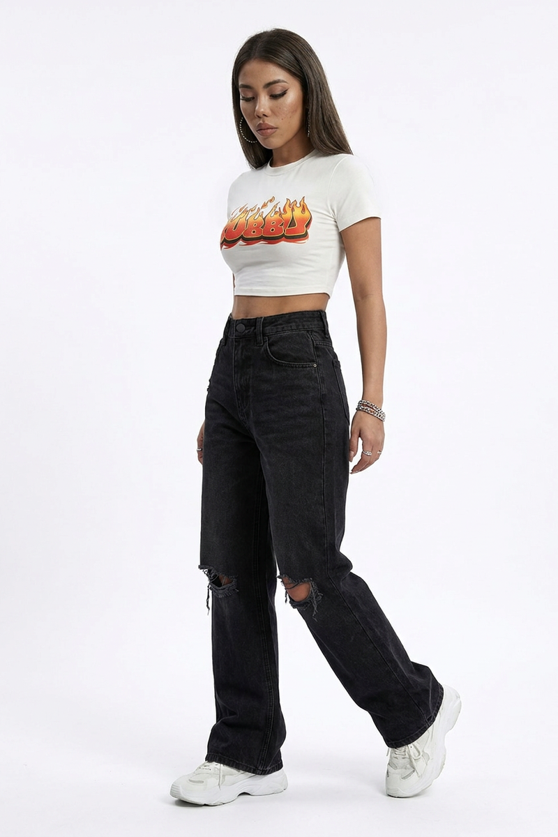 Women's High Waist Straight Leg Ripped Jeans