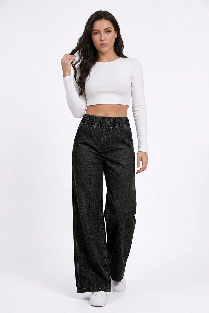 Women's  Elastic-Waist Relaxed Baggy Wide Leg Jeans