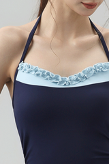 Women's Color Contrast Ruffle Halter Workout Tank Top