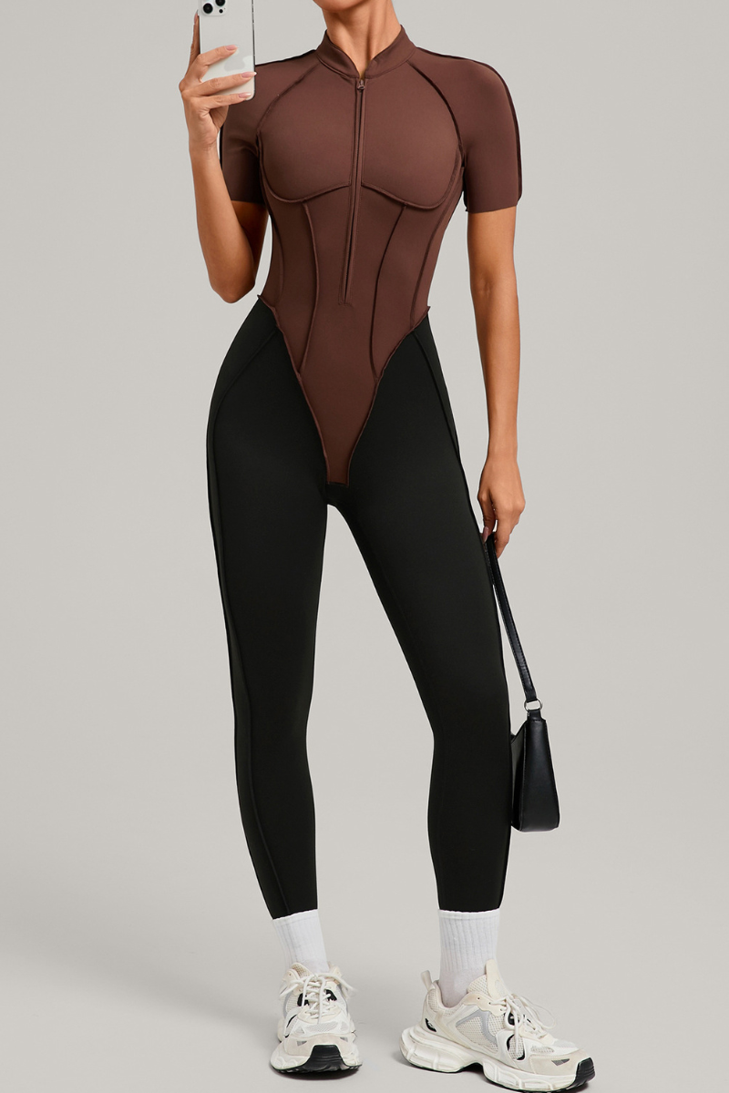 Women's Athletic Stand Collar Color Block Yoga Jumpsuit