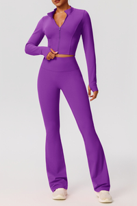 Women's Sports 3-Piece Set:Bra+Cropped Jacket+Flare Pants