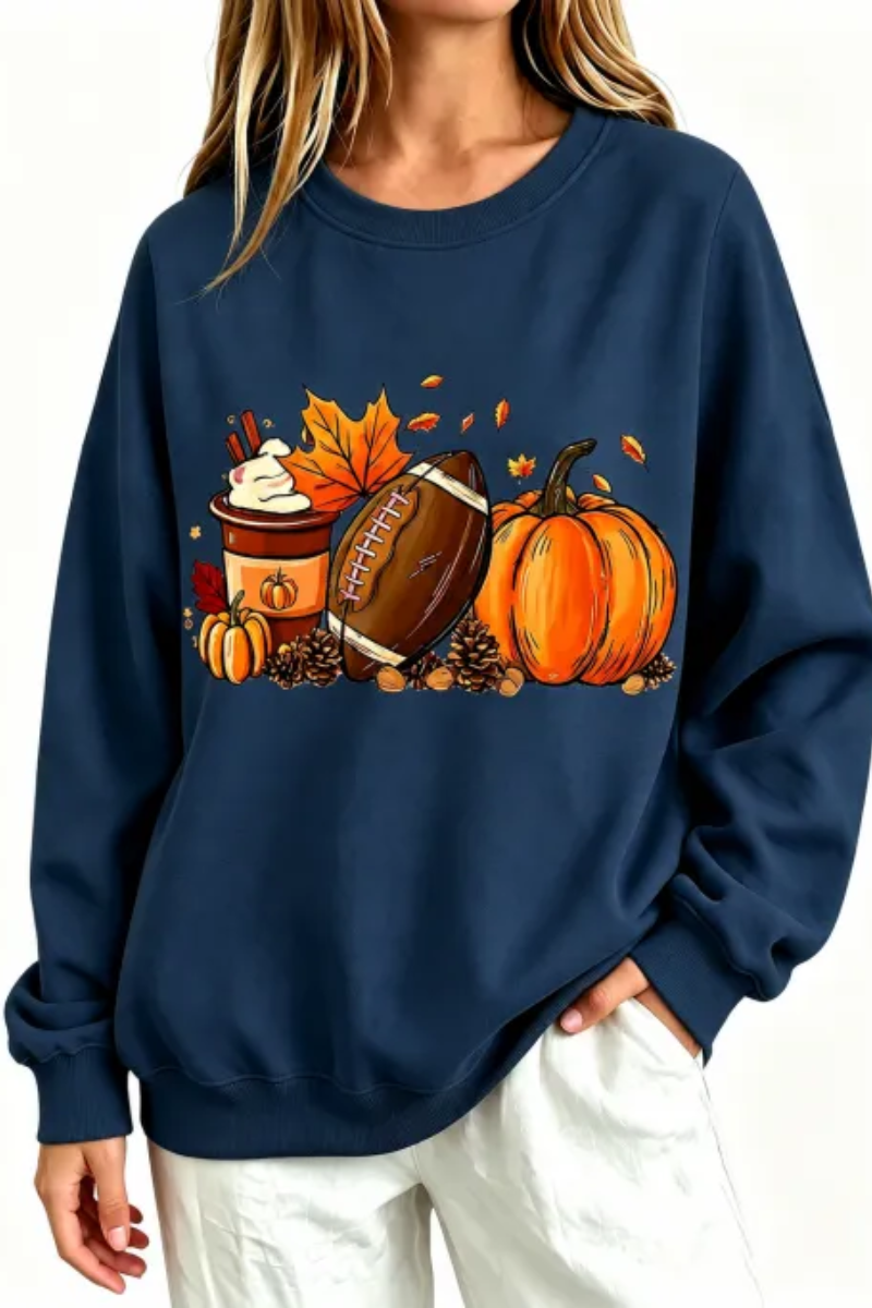 Women's Fall Halloween Pumpkin Football Coffee Print Thin Sweatshirt