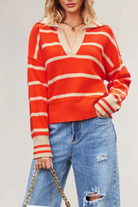 Women's Contrast Stripe Collared V Neck Knit Sweater