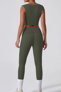 Women's Cropped Tank Top And Twist Cross Waist Leggings Set