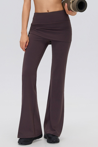 Women's Fake 2-Piece Skort Overlay Ruched Flare Yoga Pants