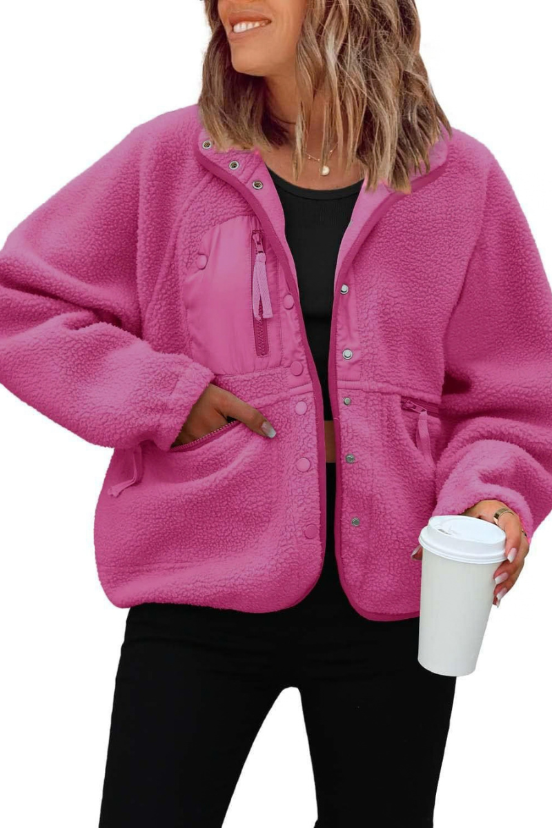 Women's Fall/Winter Patch Pockets Fleece Snap Button Jacket