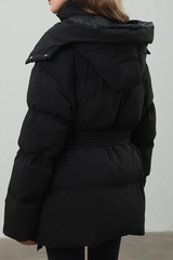 Women's hooded mid-length cotton jacket with waist tie.