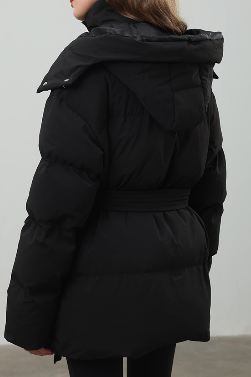 Women's hooded mid-length cotton jacket with waist tie.