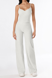 Women's Brushed Yoga Set:V-Neck Tank Top & Wide-Leg Pants