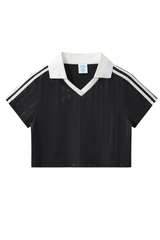 Women’s Cropped Color Block Striped Polo V-Neck  T-Shirt